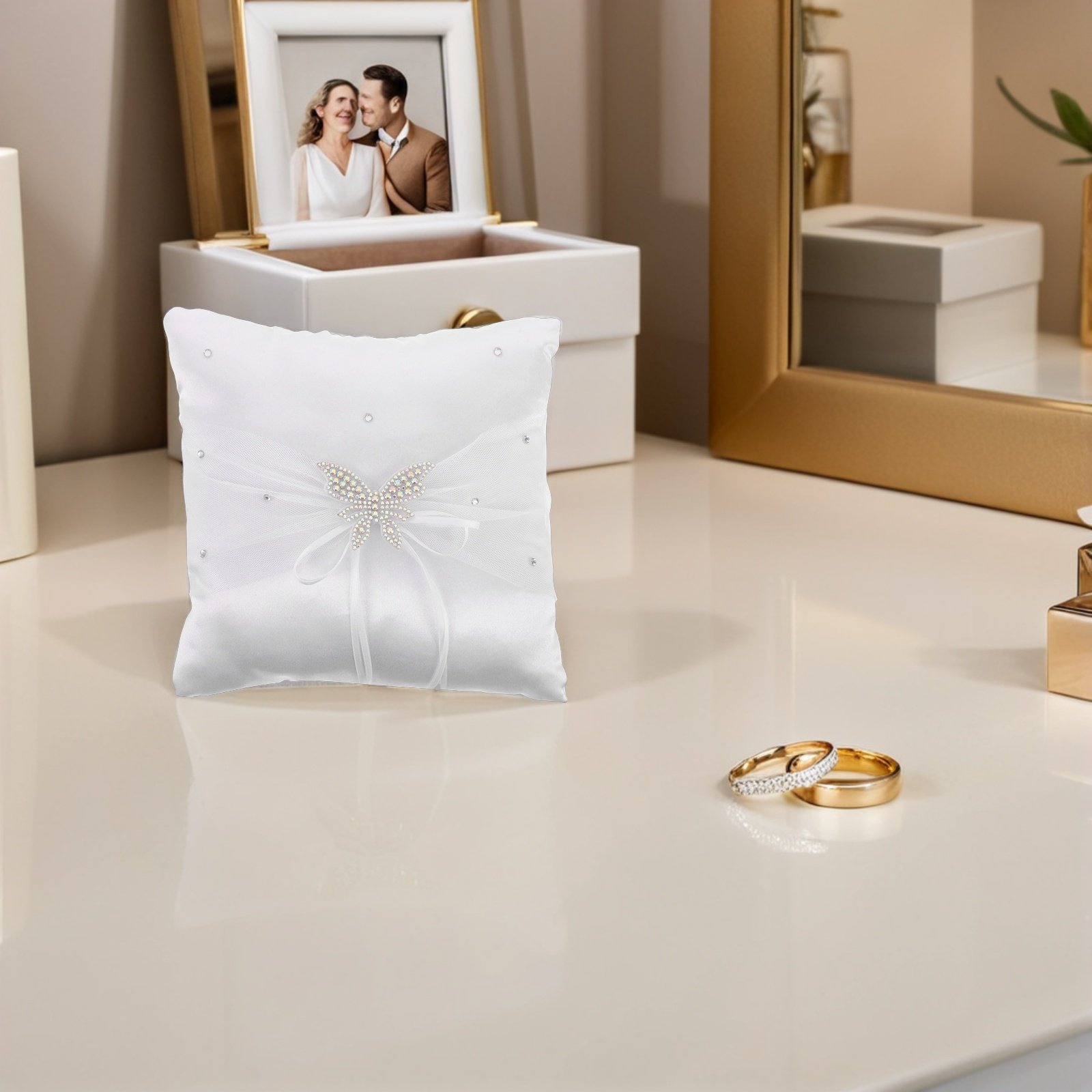Ring Bearer Pillow - White Satin Ring Pillow Rhinestone Bow