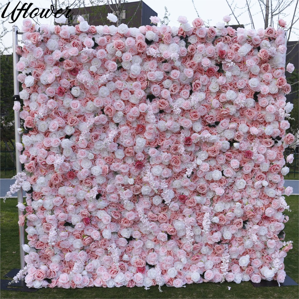 Wedding Backdrop Curtain - Uflower 5D Pink White Rose Cloth
